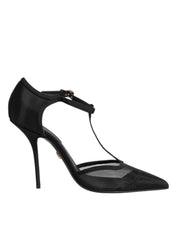 Black Mesh T-strap Stiletto High Heels Shoes