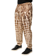 Beige Coin Print Silk Twill Men Jogger Pants