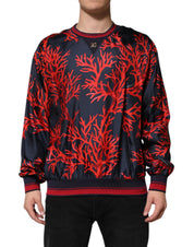 Navy Red Silk Coral Print Pullover Sweater