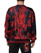 Navy Red Silk Coral Print Pullover Sweater