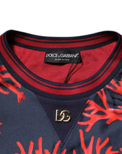 Navy Red Silk Coral Print Pullover Sweater