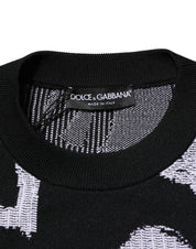 Black Nylon Wool Heart Print Pullover Sweater