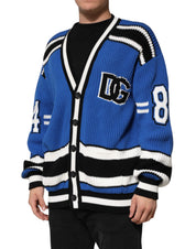 Blue Cotton Logo Patch Ribbed Knit Cardigan Sweater