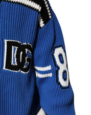 Blue Cotton Logo Patch Ribbed Knit Cardigan Sweater