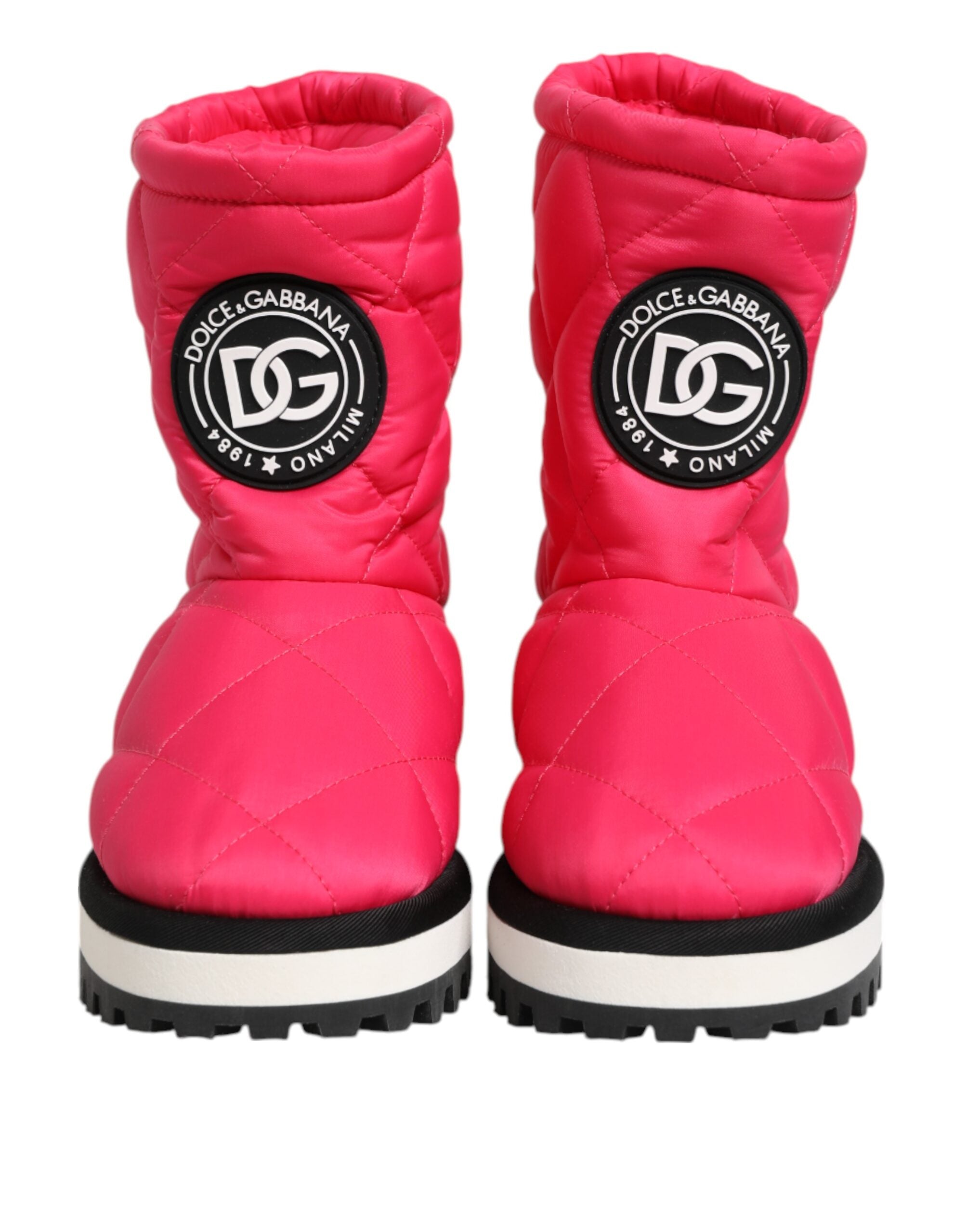 Fuchsia Rosa Viskos Vadderade Stövlar Med Hög Vad Med Logodetaljer
