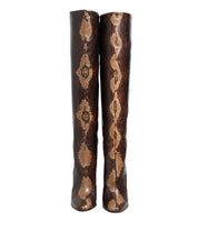 Brown Python Snakeskin Print Riding Boots Shoes