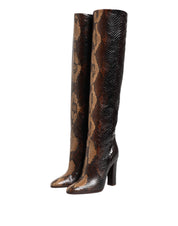 Brown Python Snakeskin Print Riding Boots Shoes