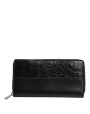 Black Leather Logo Plaque Zip Around Continental Wallet