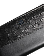 Black Leather Logo Plaque Zip Around Continental Wallet