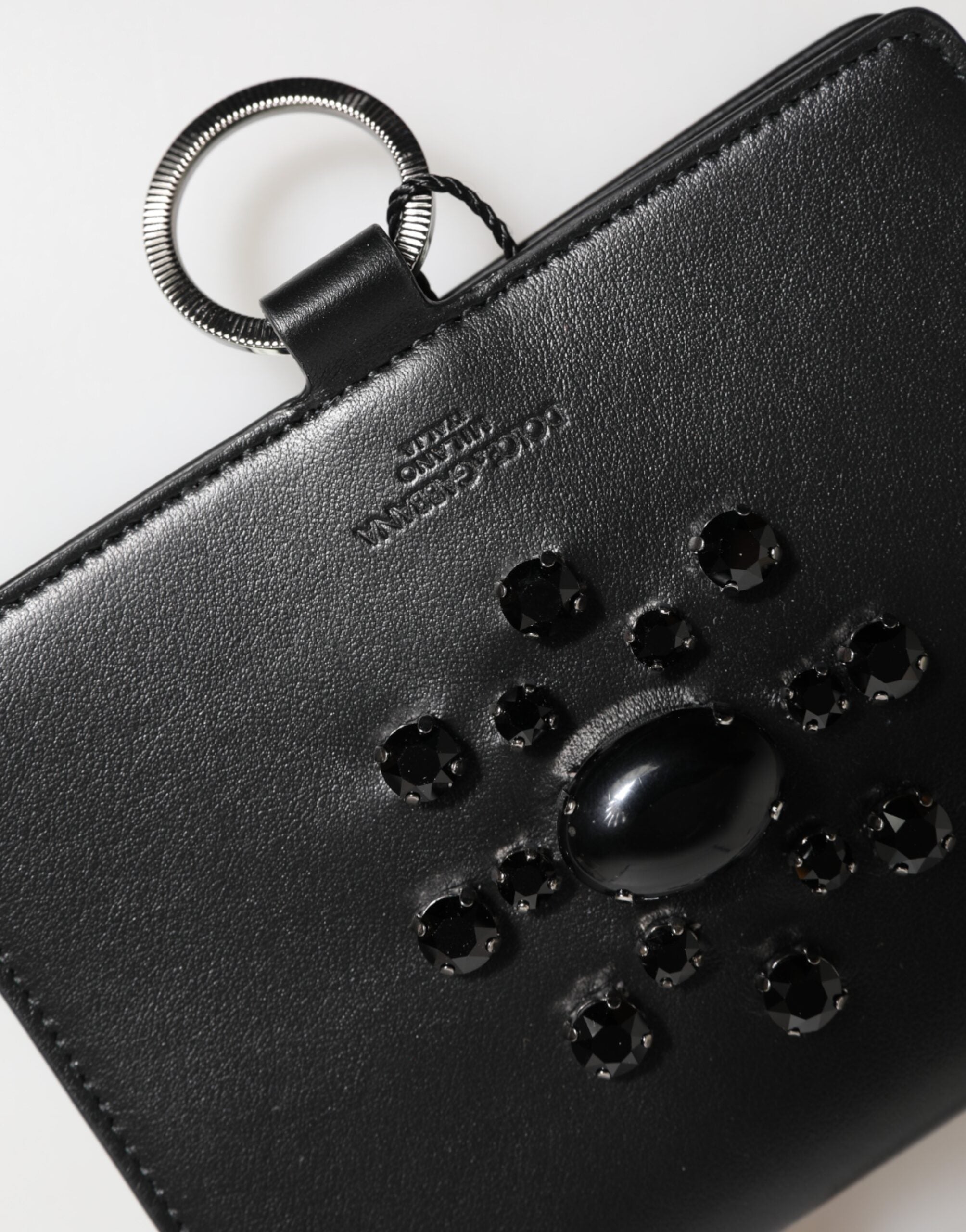 Dolce & Gabbana svart korthållarplånbok i kalvskinn med kristalldekorationer