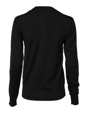 Black Wool Knit Round Neck Cardigan Sweater