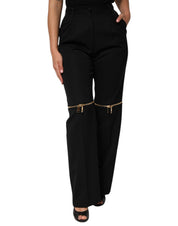 Black Zip Detailed Wool Straight Leg Pants