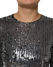 Black Sequined Long Sleeves Midi A-line  Dress
