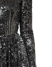 Black Sequined Long Sleeves Midi A-line  Dress