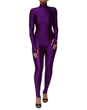 Purple Nylon Turtleneck Bodycon Jumpsuit Dress
