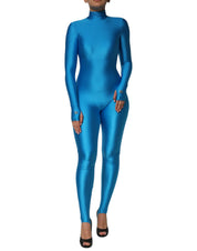 Blue Nylon Turtleneck Bodycon Jumpsuit  Dress