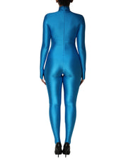 Blue Nylon Turtleneck Bodycon Jumpsuit  Dress