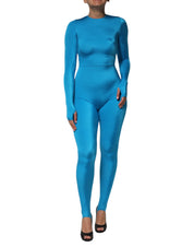Blue Nylon Crew Neck Bodycon Jumpsuit Dress