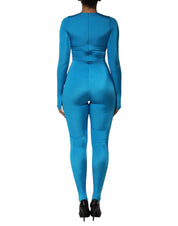 Blue Nylon Crew Neck Bodycon Jumpsuit Dress