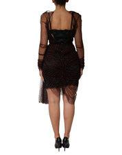 Black Lace Trim Long Sleeve Sheath Mini Dress