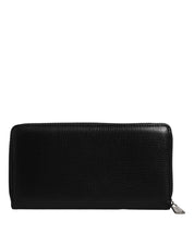 Black Calfskin Leather Logo Zip Around Continental Wallet
