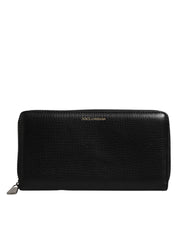 Black Calfskin Leather Logo Zip Around Continental Wallet