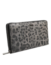 Black Gray Leopard Leather Zip Around Continental Wallet