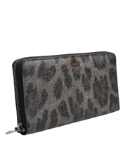 Black Gray Leopard Leather Zip Around Continental Wallet