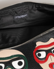 Black Leather #DGFAMILY Embellished Men Clutch Pouch Bag