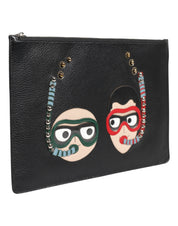 Black Leather #DGFAMILY Embellished Men Clutch Pouch Bag