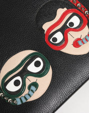 Black Leather #DGFAMILY Embellished Men Clutch Pouch Bag