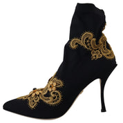 Black Gold Embroidery Crystal Boots Shoes