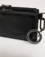 Black Leather Zipped Card Holder Coin Purse Keyring Wallet