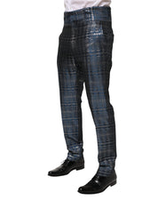 Blue Silver Shiny Silk Skinny Men Trouser Pants