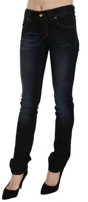 Dark Blue Mid Waist Slim Fit Denim Casual Pants Jeans