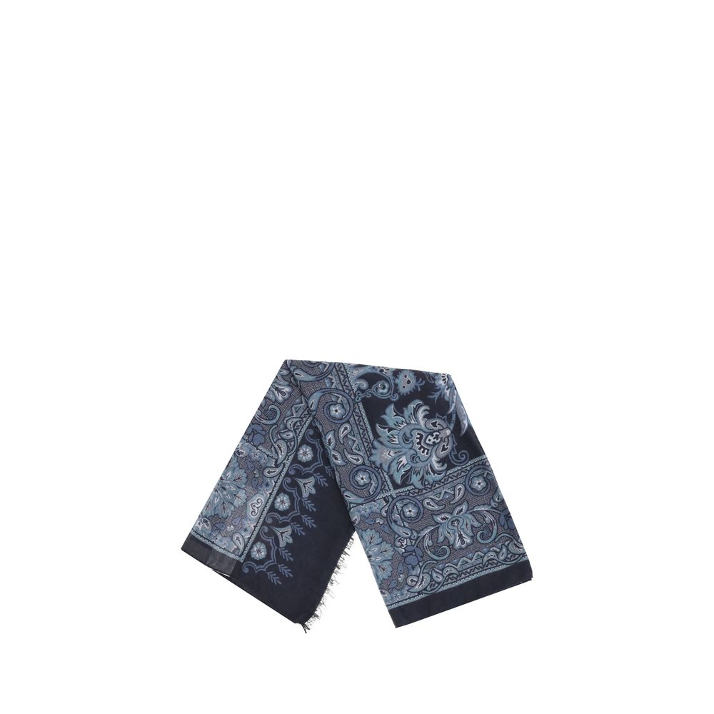 Blå modalhalsduk med blommönster och geometriskt mönster