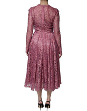 Pink Floral Lace Long Sleeve Midi Dress