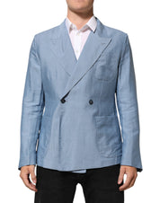 Light Blue Linen Double Breasted Men Jacket Blazer