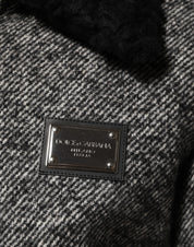 Gray Wool Herringbone Shearling Collar Bomber Jacket