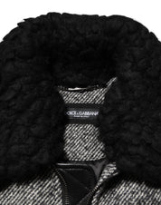 Gray Wool Herringbone Shearling Collar Bomber Jacket