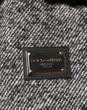 Gray Wool Herringbone Shearling Collar Bomber Jacket