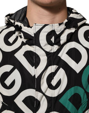 Black White Logo Print Hooded Coat Men Jacket