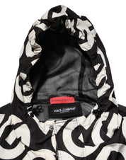 Black White Logo Print Hooded Coat Men Jacket
