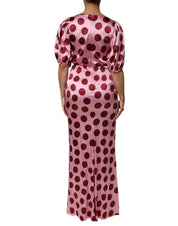 Pink Red Polka Dot Silk Satin Maxi Gown Dress