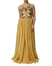 Yellow Silk Floral Embroidered Maxi Dress