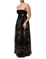 Black Floral Key Print Crystal Strapless Dress