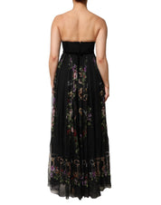 Black Floral Key Print Crystal Strapless Dress