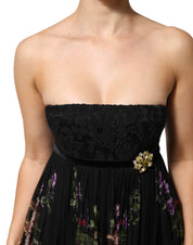 Black Floral Key Print Crystal Strapless Dress