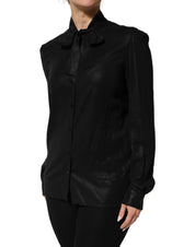 Black Viscose Long Sleeve Tie Neck Blouse Top