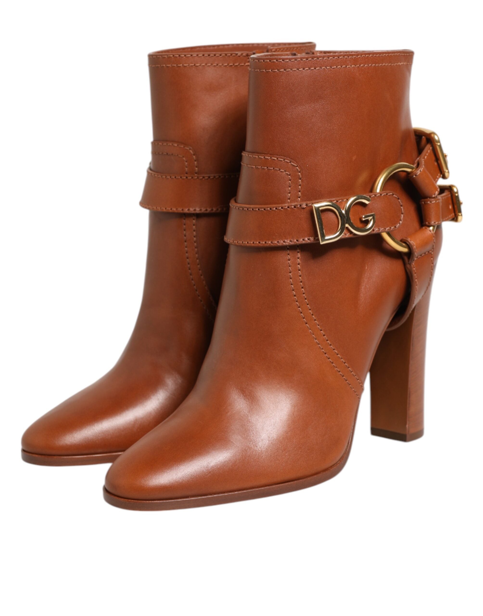 Brown Leather DG Logo Buckle Ankle Boots